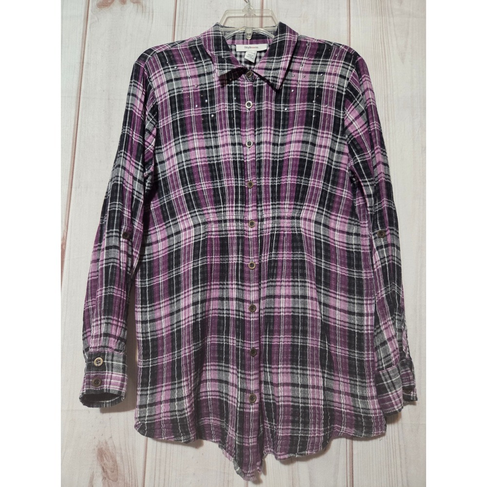 Style&co Womens Purple Plaid Smocked Waist Rhinestone Button Down Shirt Size 12